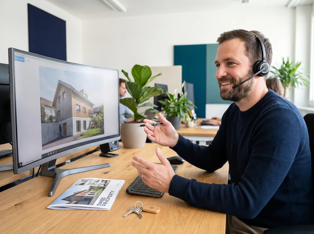 Agent mit Headset bespricht ein Einfamilienhaus am Bildschirm