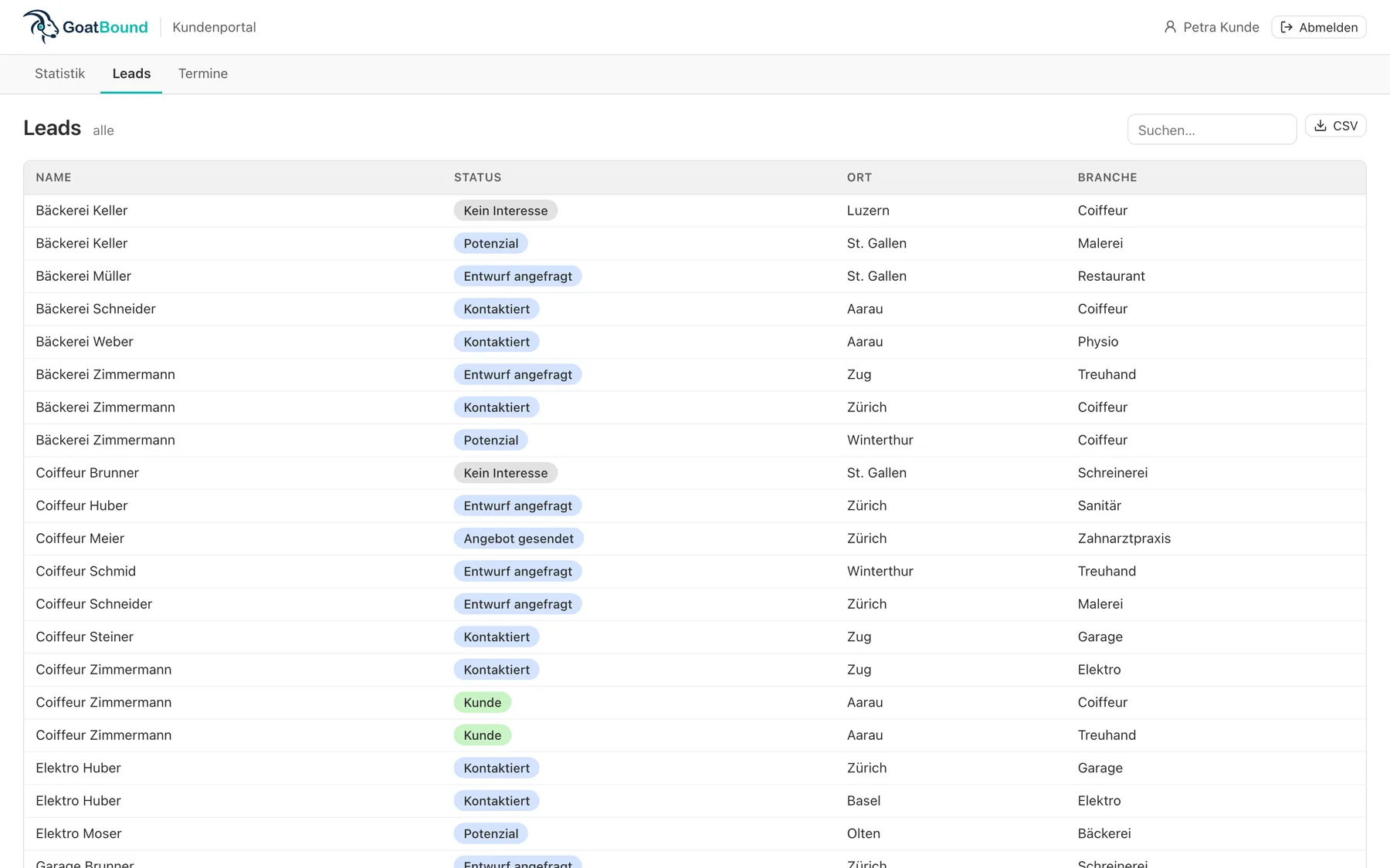 Kundenportal: Leads mit Status, Ort und Branche
