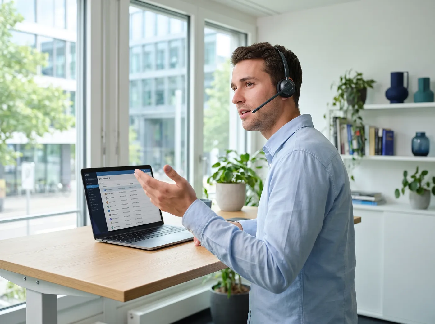 Agent mit Headset im Verkaufsgespräch an einem Stehpult