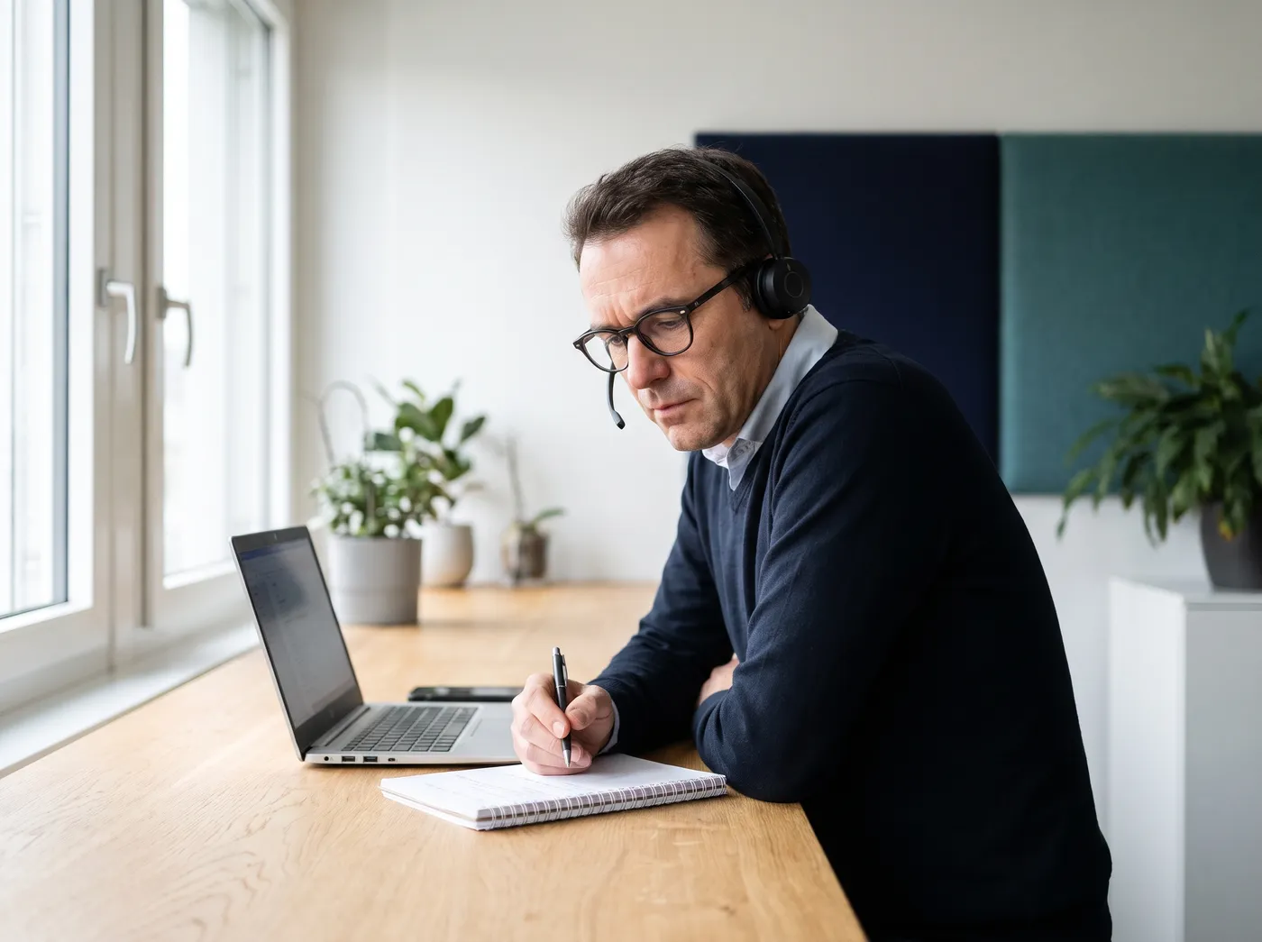 Agent mit Headset hört konzentriert zu und macht Notizen