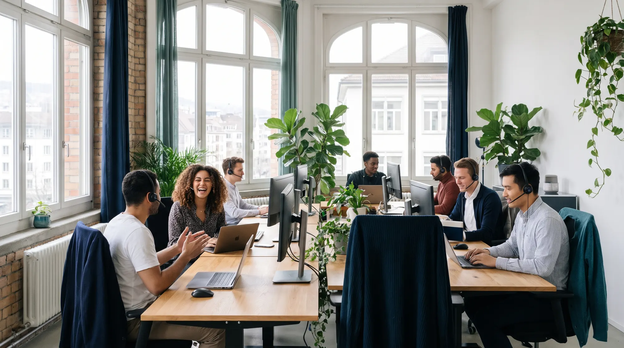 Team mit Headsets im hellen Büro